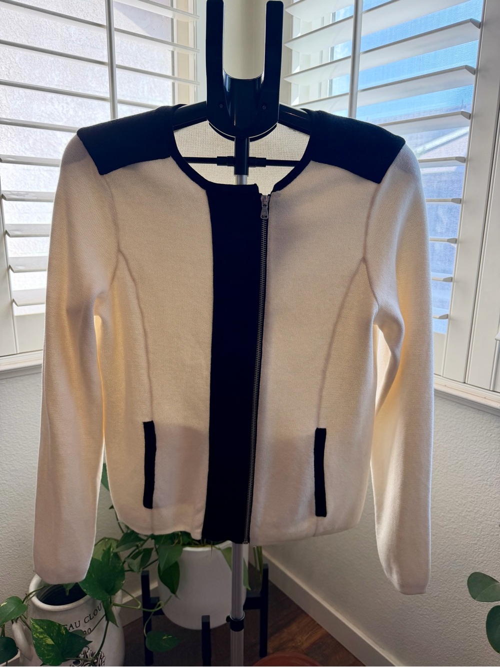 Lauren Ralph Lauren Color-block Zip Front Knit Sweater Jacket Ivory black M